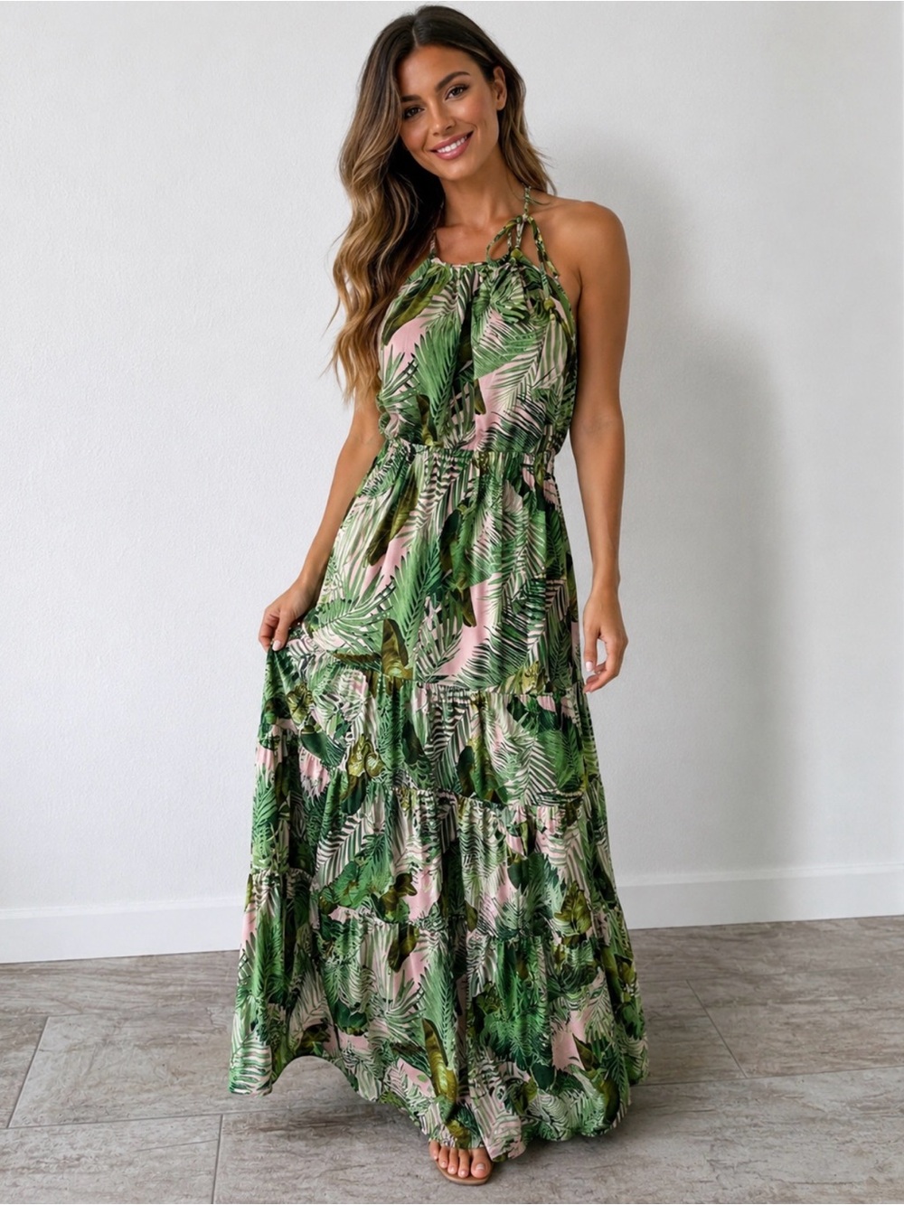 Vince Camuto Green and Pink Tropical Halter‎ Maxi Dress